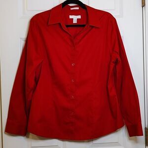 Chico's No Iron Red Long Sleeve Button Front Blouse Top Size 2 (L)